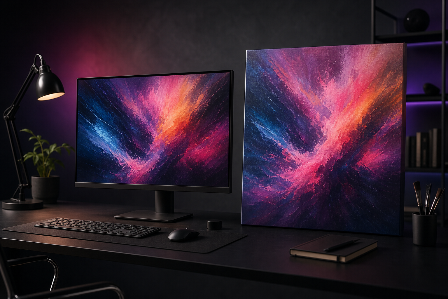 Colorful digital artwork displayed beside a detailed canvas print in a dark creative studio