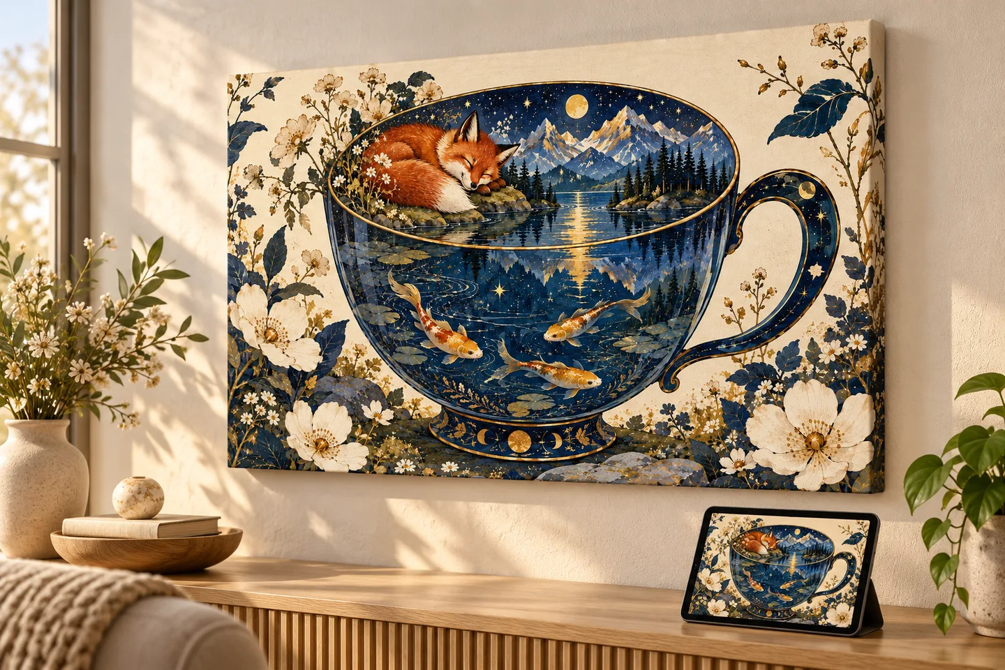 Illustrative mockup of a fox-and-teacup image on a stretched canvas mounted directly on a wall, with the same image on a tablet