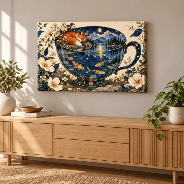 Illustrative personalized stretched canvas displaying the fox-and-teacup image