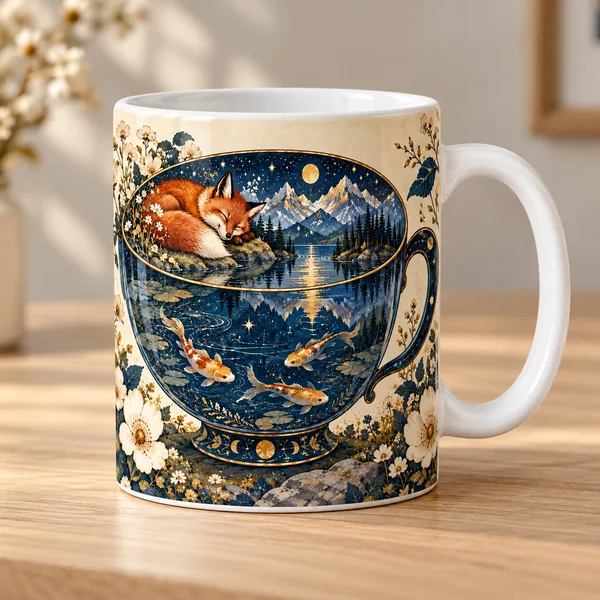 Illustrative ceramic mug personalized with a fox-and-teacup design