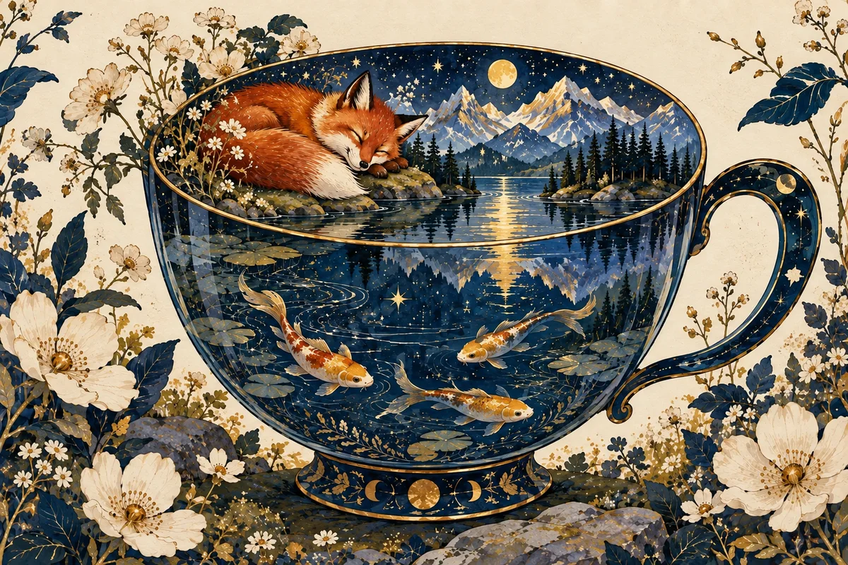 Original AI-generated example of a sleeping fox beside a miniature mountain lake inside a blue teacup