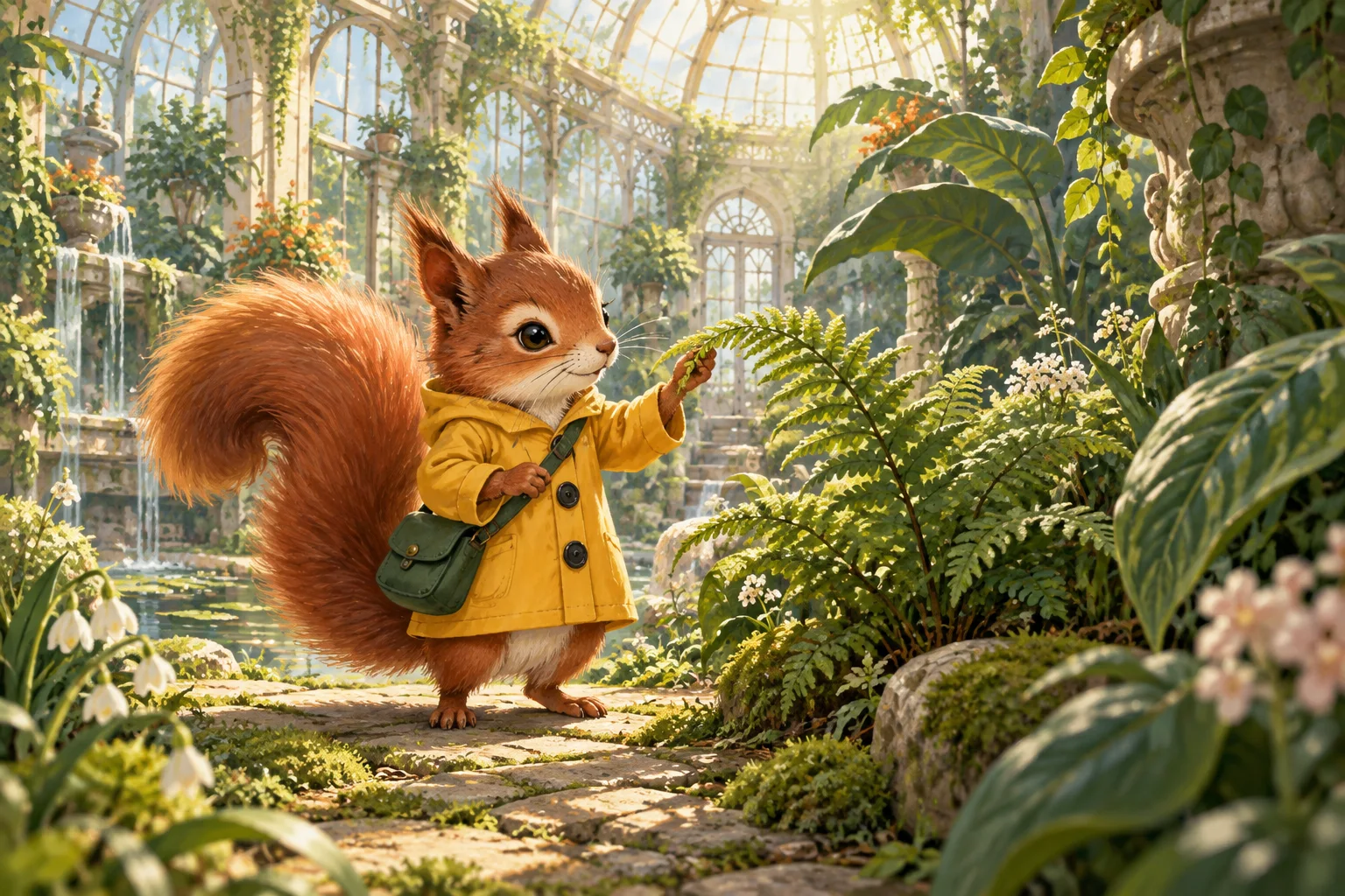 Original squirrel botanist in a mustard raincoat and green satchel exploring a leafy greenhouse.