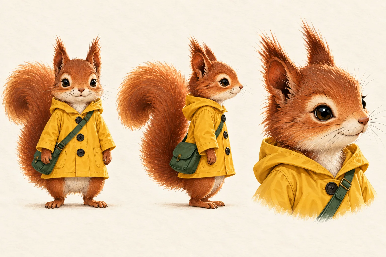 Character reference sheet of the squirrel botanist with a full-body front view, side view, and close portrait.