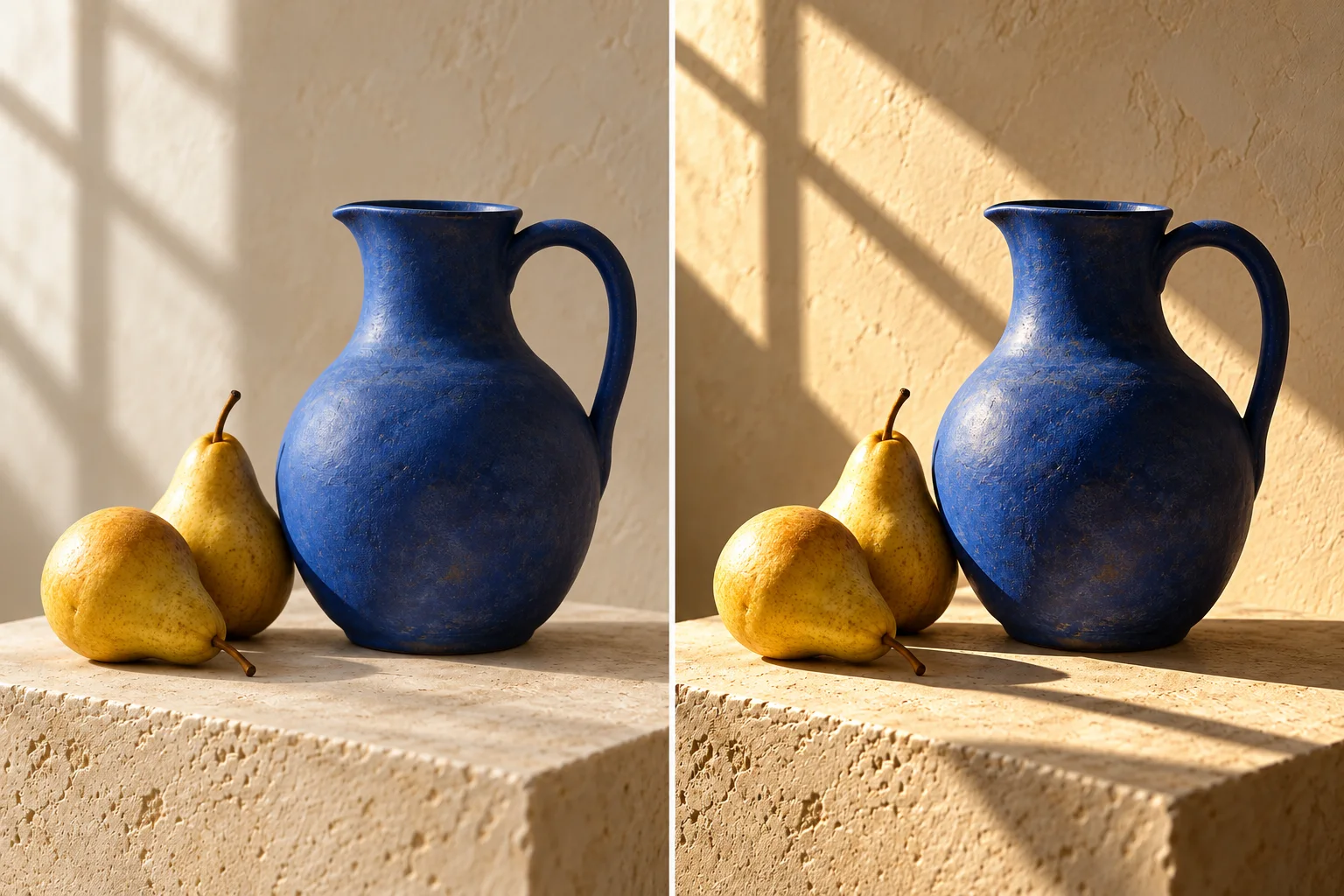 Side-by-side illustrative still lifes comparing soft window light on the left with harder directional light on the right.