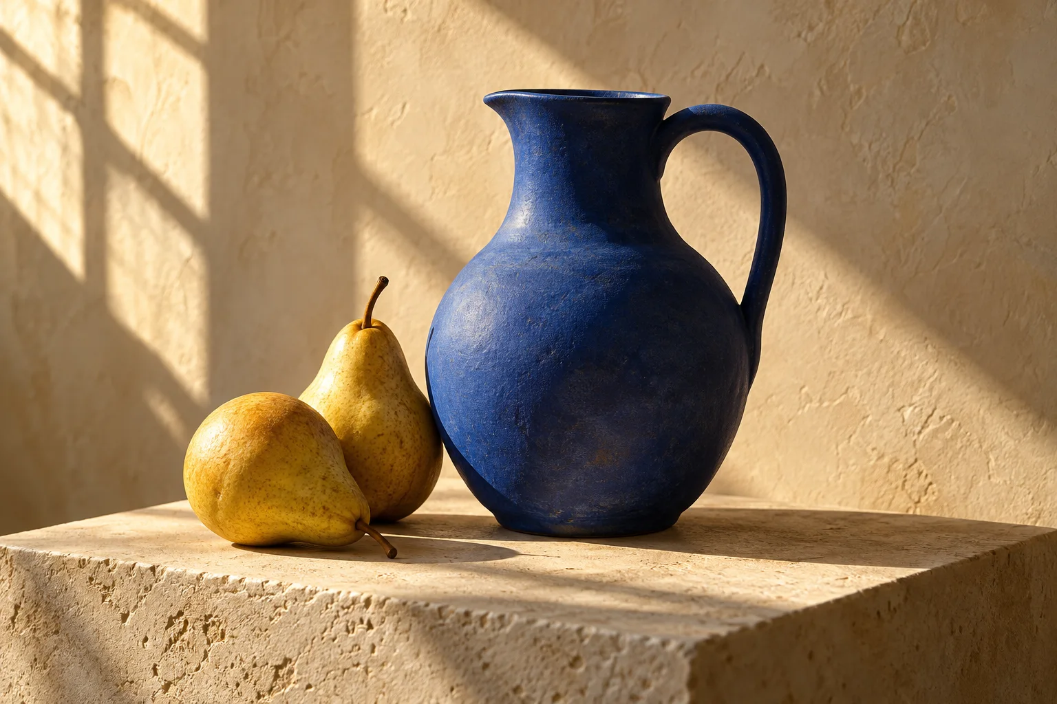 Illustrative cobalt pitcher and yellow pears lit by directional sunlight on a pale stone surface.