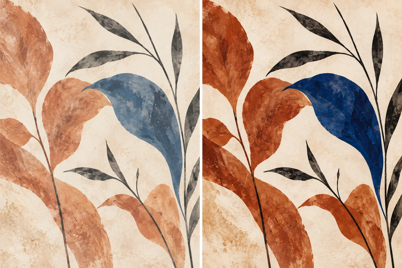 Two flat botanical artwork concepts with muted blue and clay on the left and stronger cobalt and terracotta on the right.