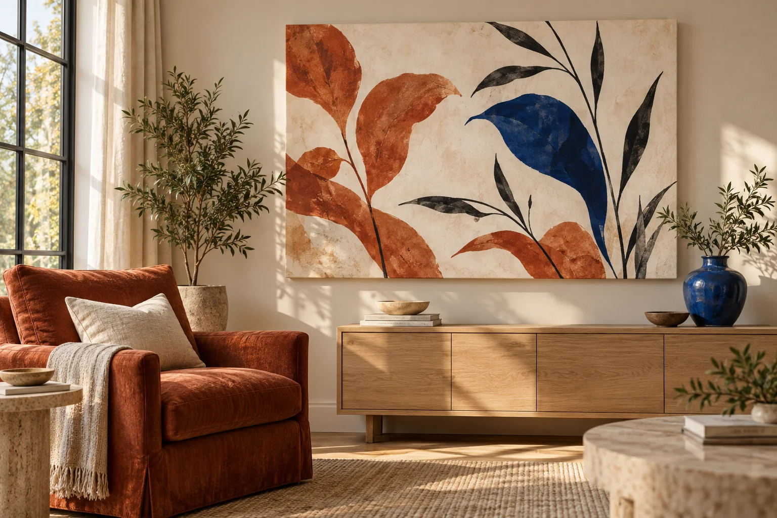 Illustrative reading corner with a rust armchair, cobalt vase, and botanical canvas echoing those colors.