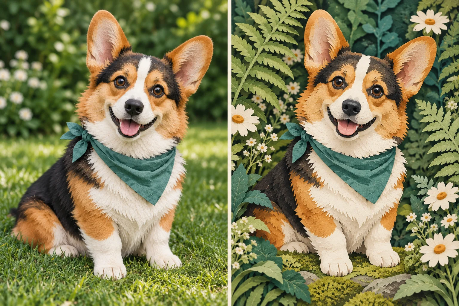 Illustrative corgi photo-style study beside a cut-paper interpretation with a teal bandana and recognizable facial markings.