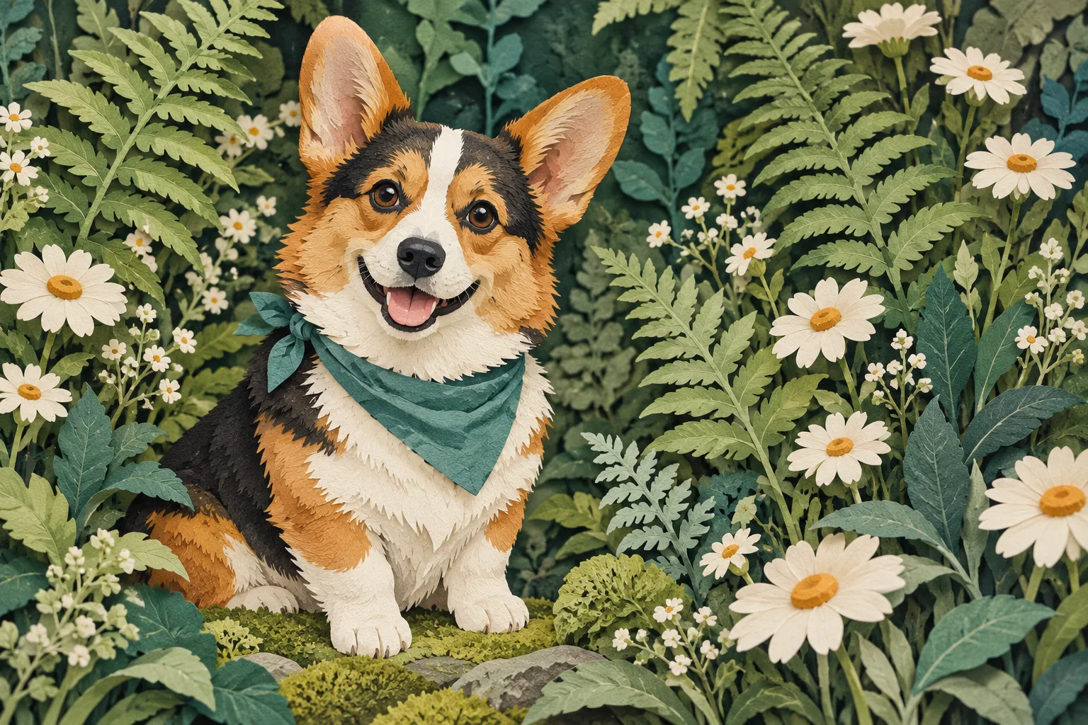 Original cut-paper-style illustration of a tricolor corgi with a teal bandana among garden plants.