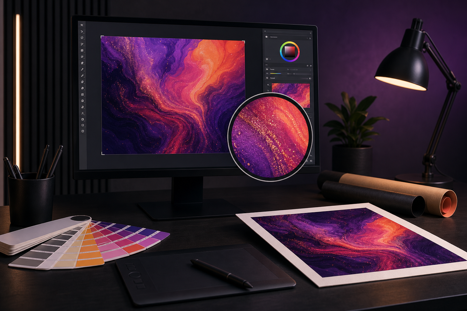Digital artwork being inspected for detail beside print samples and color swatches