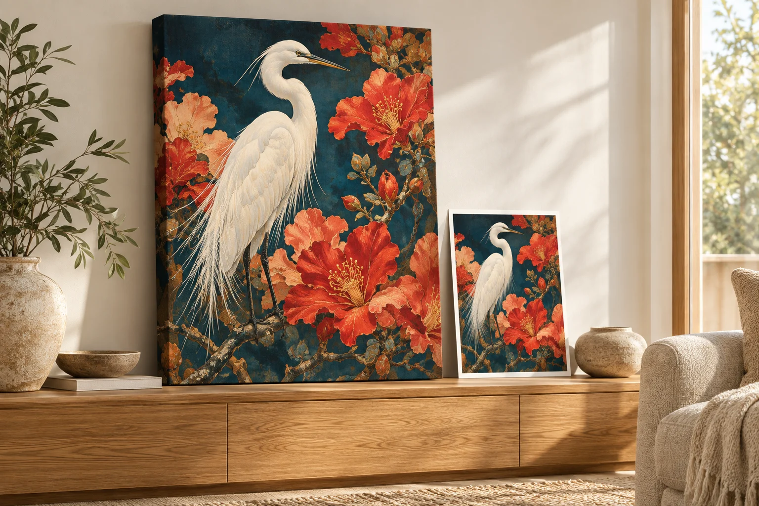 Illustrative scene of a white egret and flowering branches on a large canvas and a smaller paper print.
