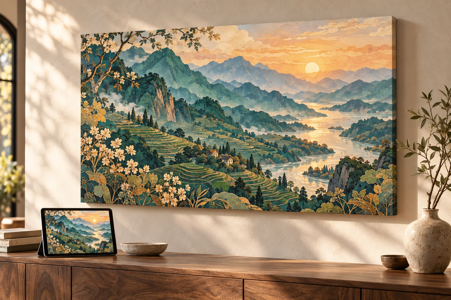 Illustrative scene of a mountain image on a tablet and a large canvas above a console.