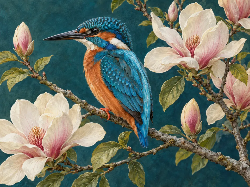 Detailed botanical illustration with birds and pale flowers.