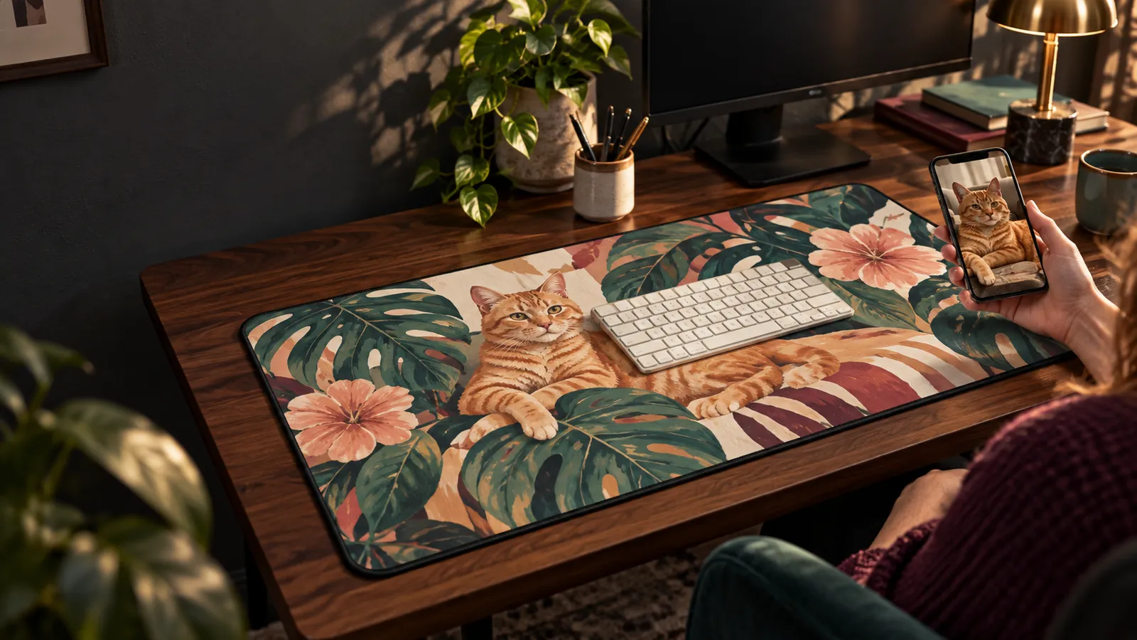 A ginger cat photo becomes a colorful jungle illustration on a desk mat in a warm workspace.