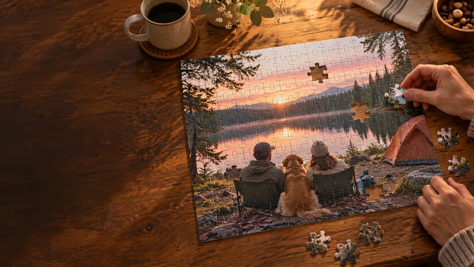 A camping photo with a dog and two people becomes a jigsaw puzzle on a wooden table, with hands fitting the pieces.