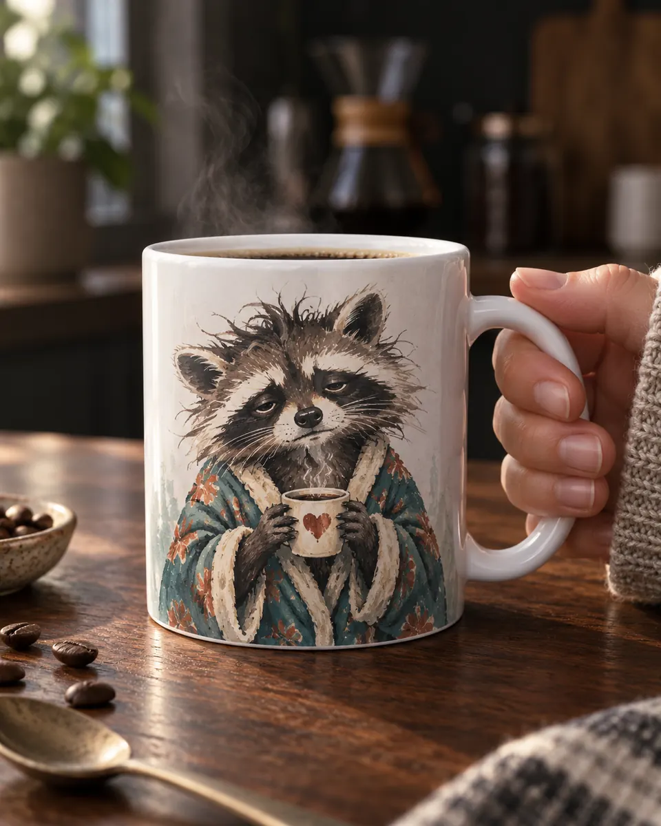 A hand holds a white ceramic mug printed with a sleepy raccoon in a robe at a softly lit kitchen table