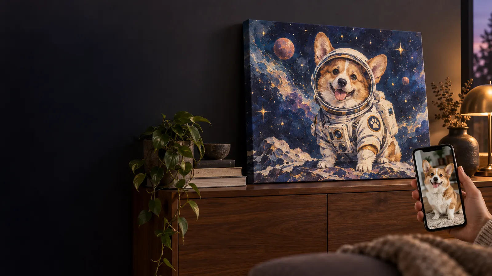 A corgi photo on a naturally held phone becomes a cosmic astronaut portrait on a real stretched canvas in a dark, warmly lit home