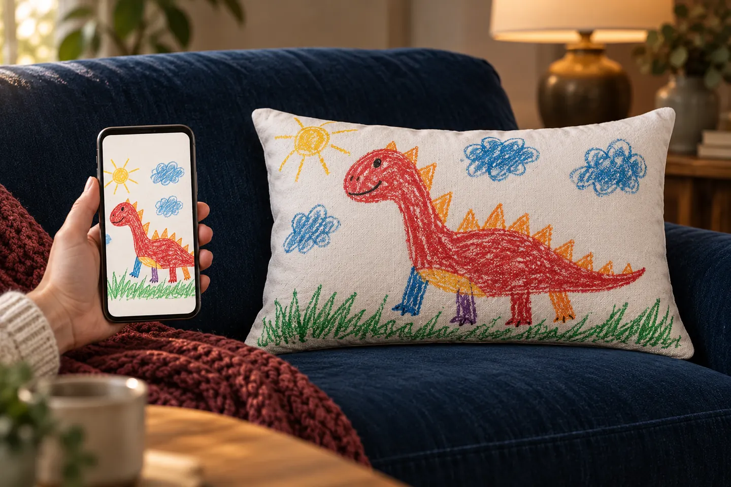 An adult holds a phone displaying a playful red dinosaur crayon drawing, reproduced on a rectangular lumbar pillow on the family sofa