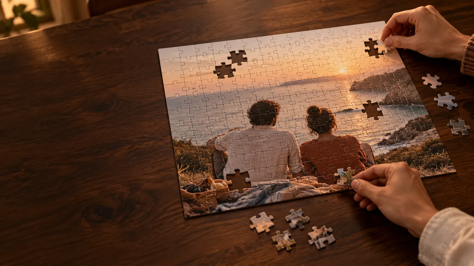 Two adults piece together a flat jigsaw puzzle printed with a seaside picnic memory on a walnut table, with matching loose pieces and empty spaces