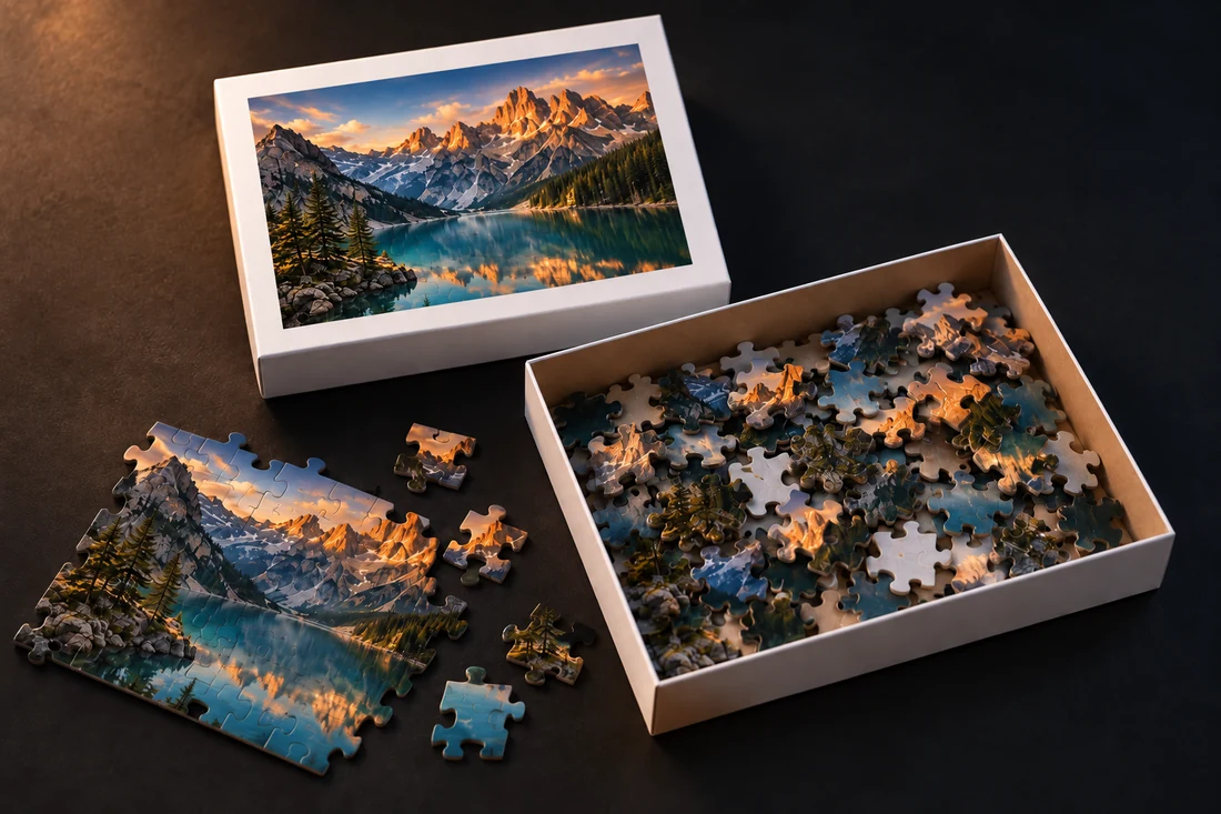 Personalized example: a nearly completed alpine photo puzzle beside its white box and three loose pieces