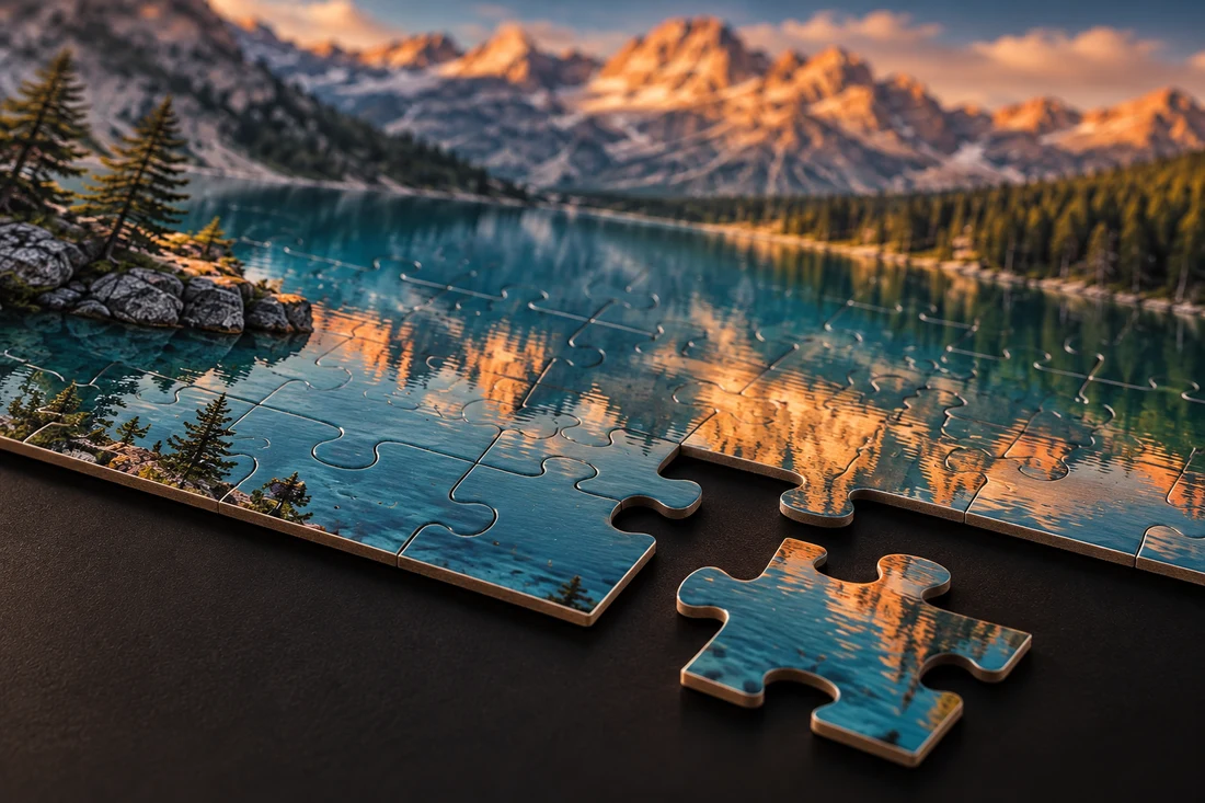Illustrative close-up of an alpine image printed across interlocking puzzle pieces