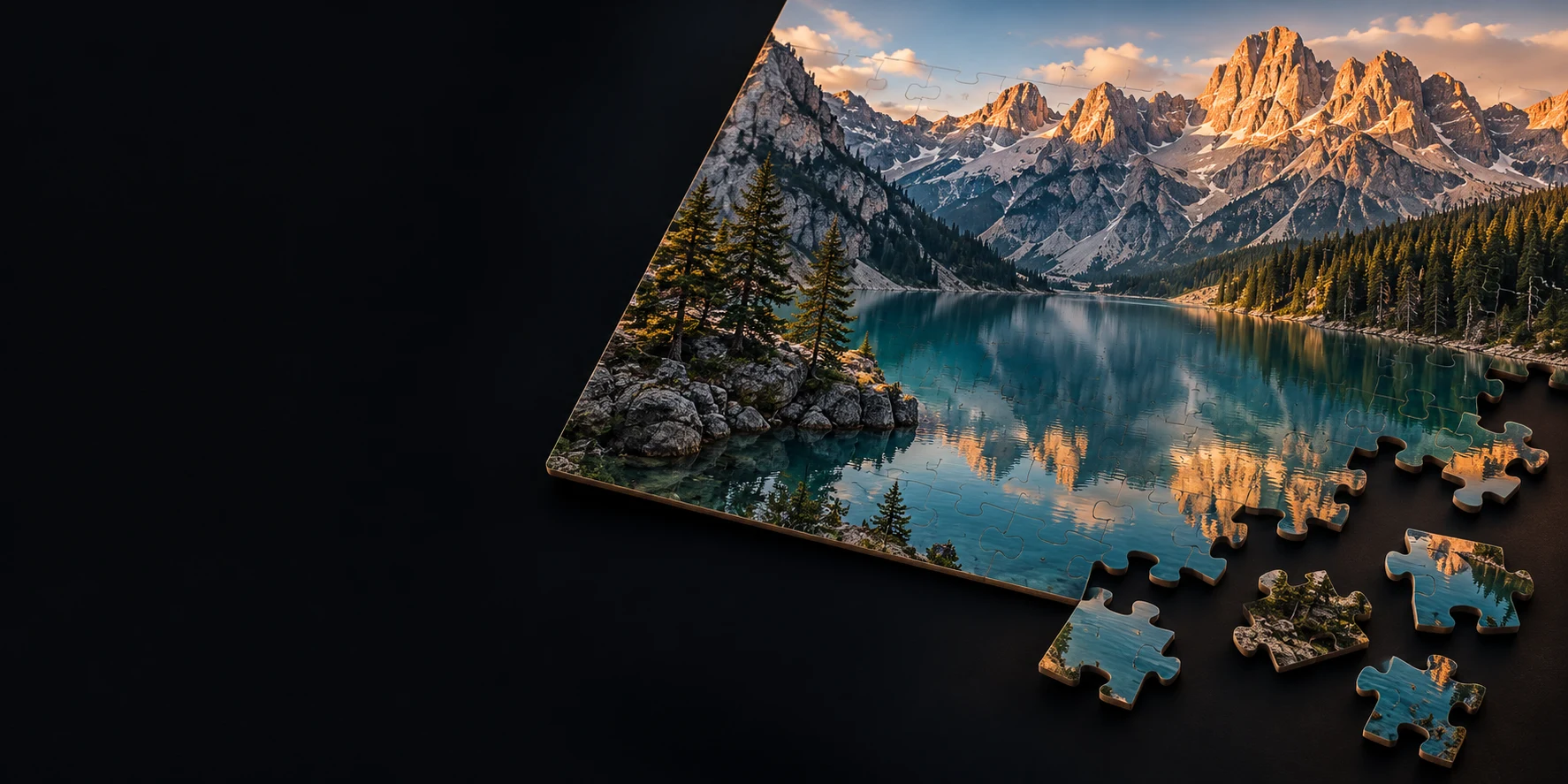 An alpine lake photograph becoming a dimensional jigsaw puzzle, with pieces separating from its edge