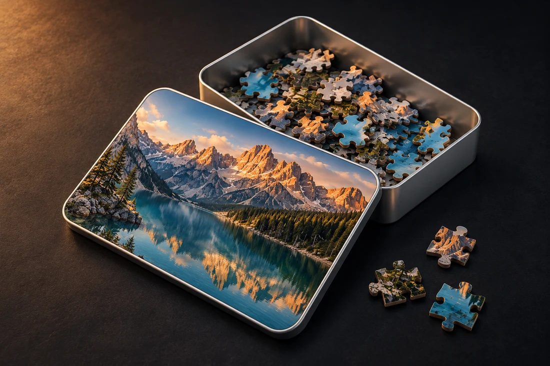Personalized example: an open silver puzzle tin with an alpine lake printed on its lid and puzzle pieces inside