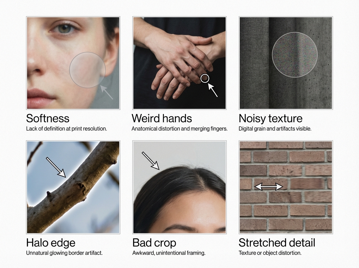 Annotated six-panel grid highlighting common AI image issues that hurt print quality, including softness, hand errors, noisy textures, edge halos, cropping problems, and stretched details