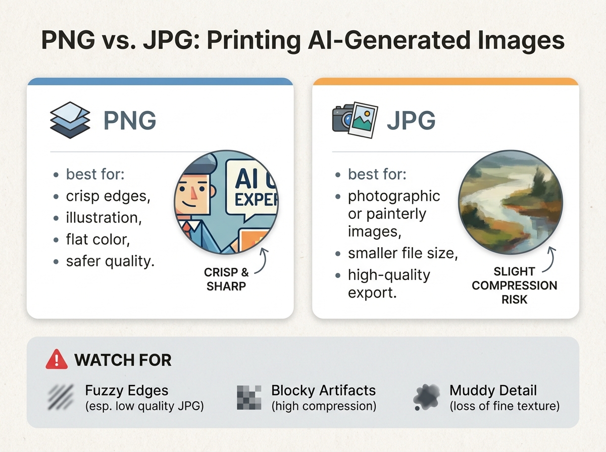Side-by-side comparison card explaining when PNG or JPG is better for printing AI art