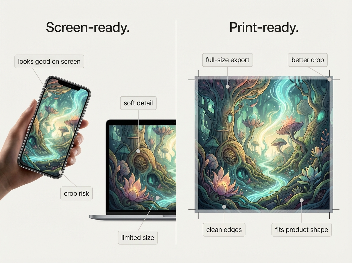 Side-by-side comparison showing how an AI image that looks fine on screen differs from one prepared for printing
