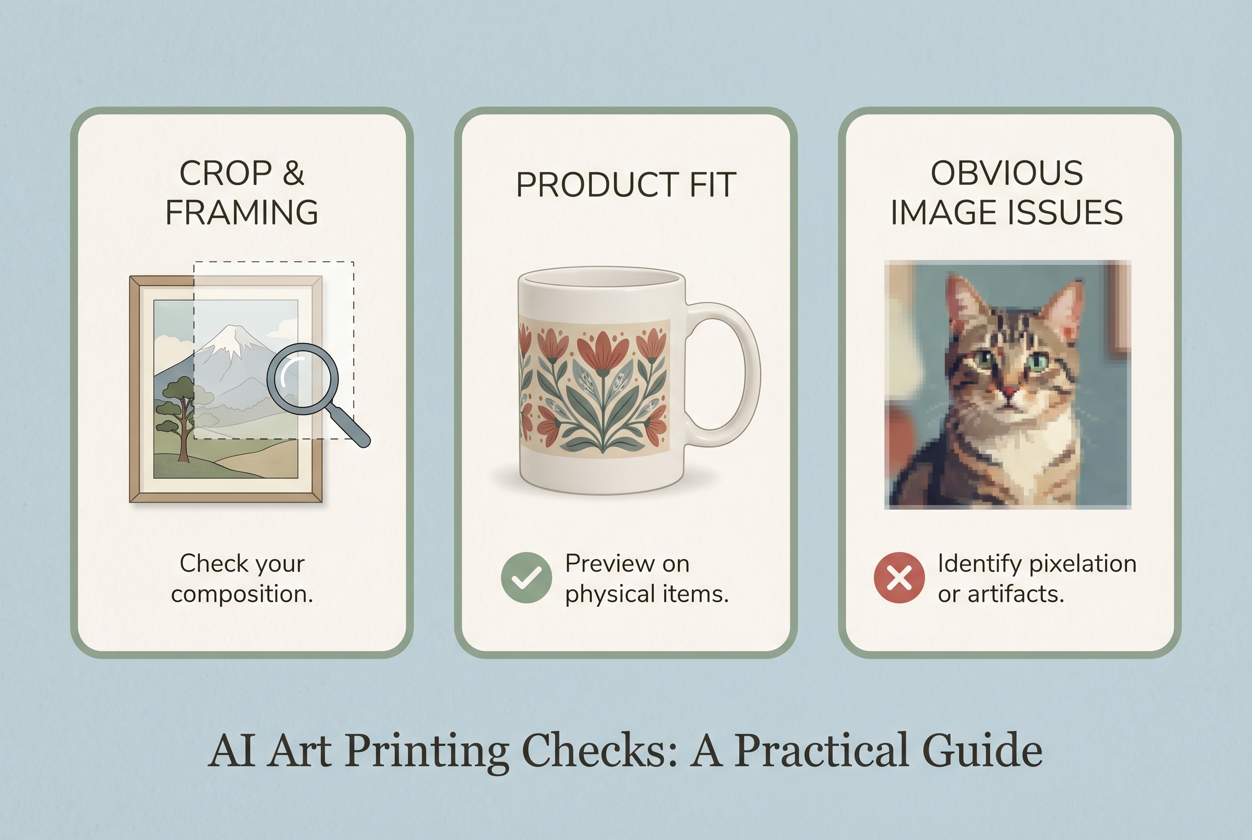 Three-card graphic showing crop, product fit, and visible image issues to review before printing AI art