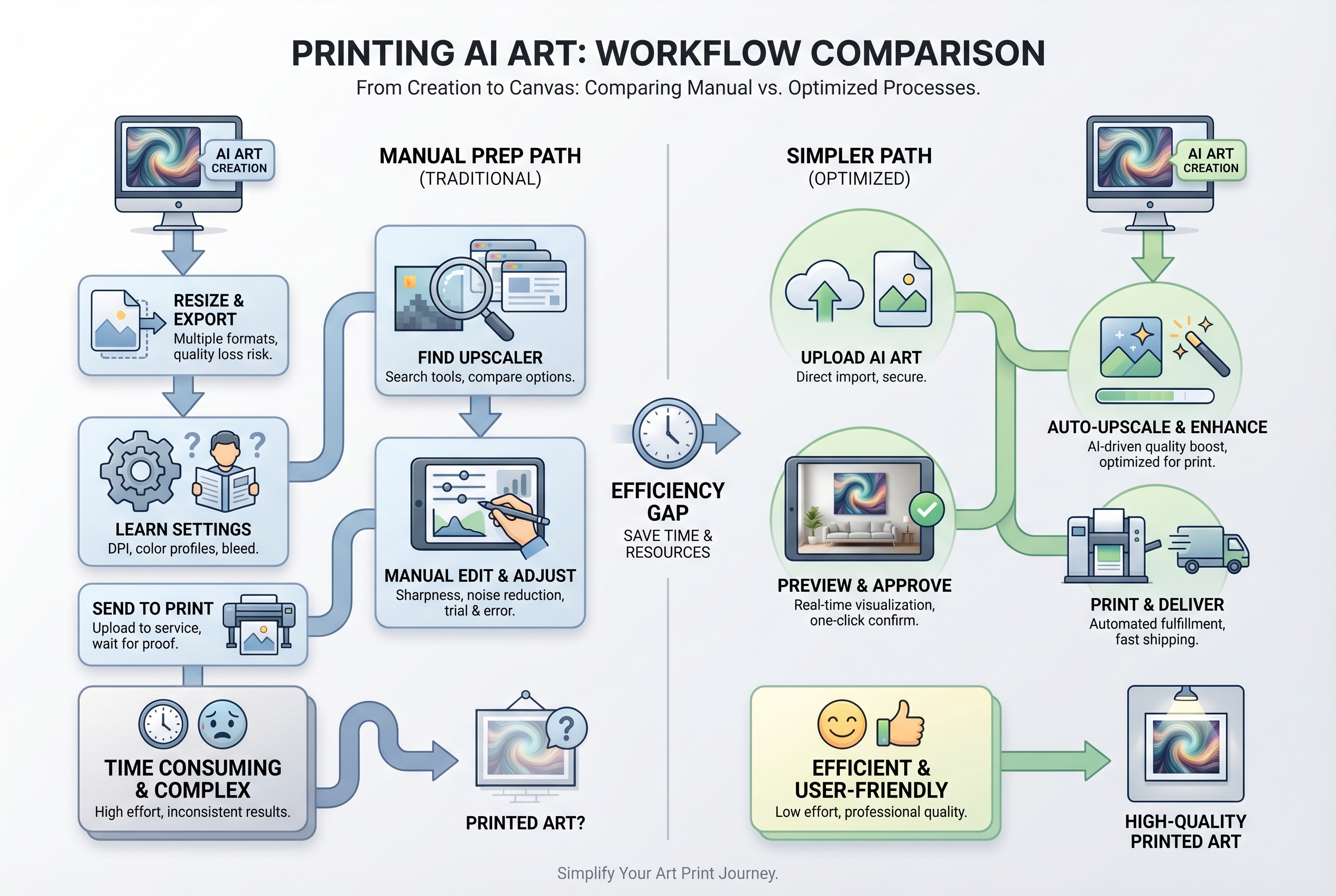 Comparison showing the longer manual print-prep route versus the simpler Print AI Art workflow