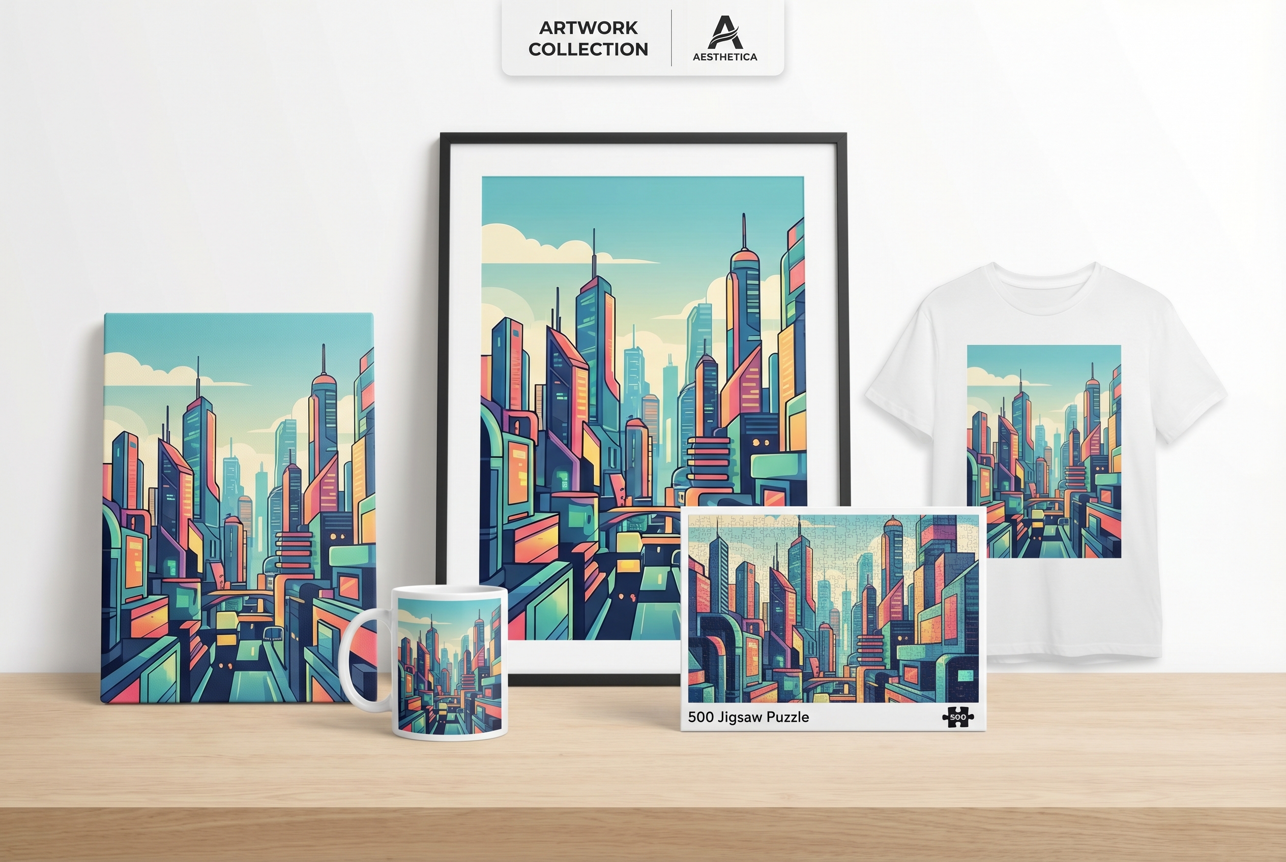 Product mockups showing the same AI artwork on a poster, canvas, mug, puzzle, and apparel