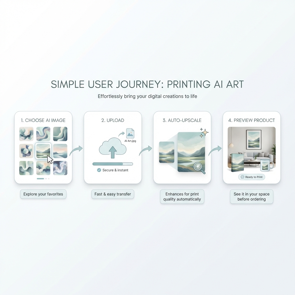 Simple explainer showing that the user brings the AI image and Print AI Art handles the upscaling and print workflow