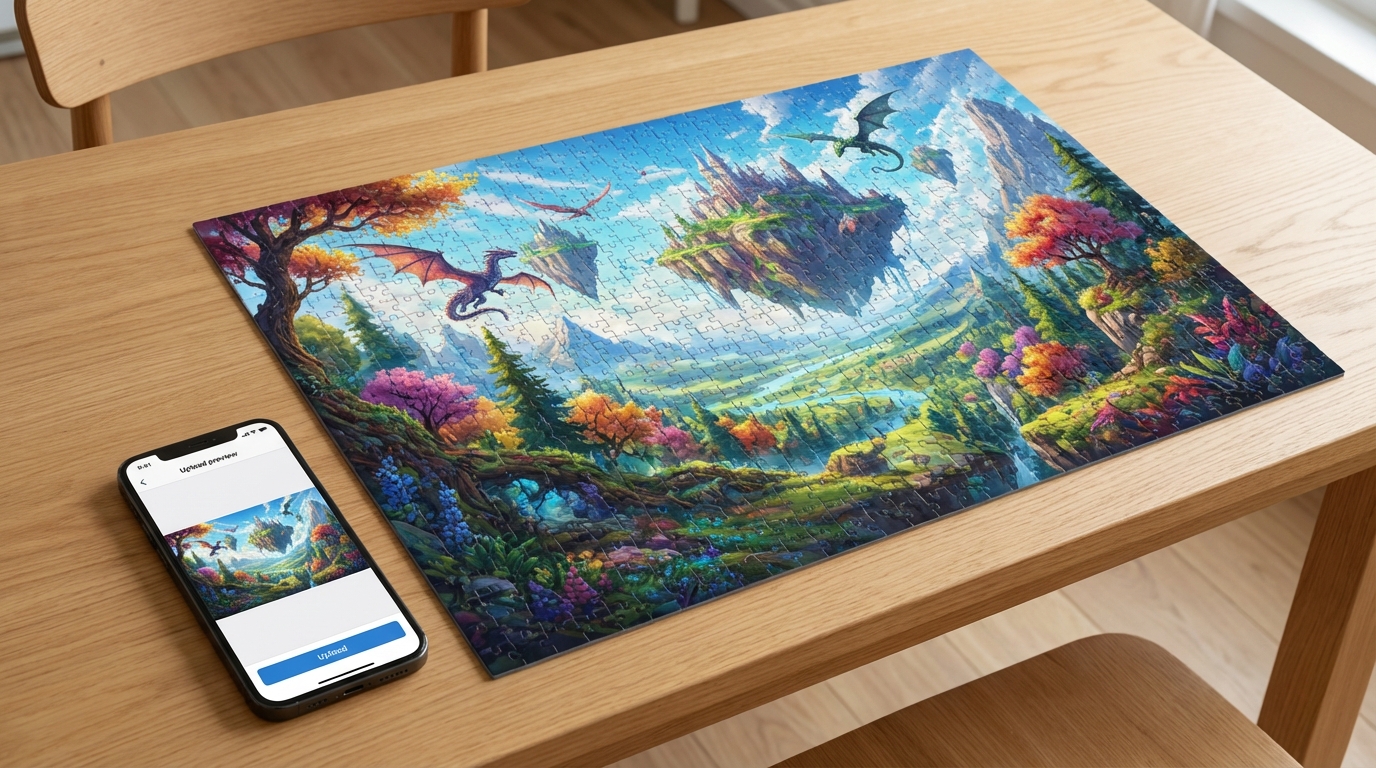 A custom jigsaw puzzle displaying vivid AI-generated artwork beside a phone preview of the same image