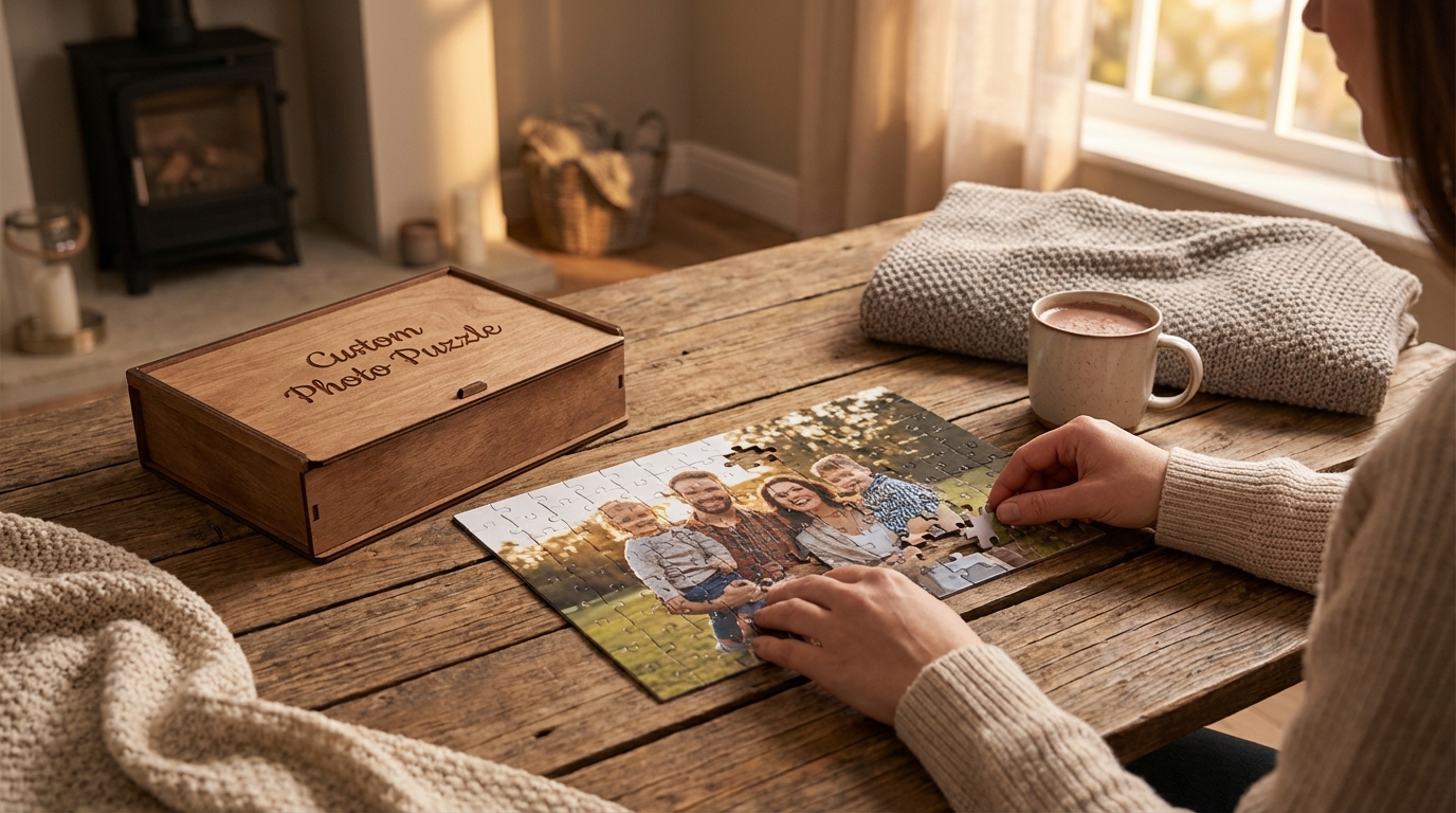 A cozy gift scene showing a custom photo puzzle being opened or assembled as a present