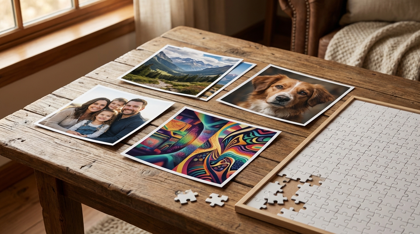 Several different photo and art options laid out as candidate images for a custom photo puzzle