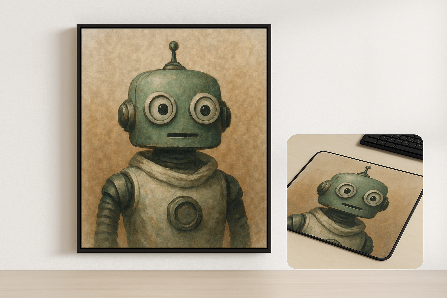 ChatGPT image previewed on canvas and desk mat products